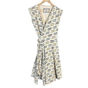 Effie’s Heart Wrap Dress Small Cream Trolley Print V-Neck Tie Waist Retro A-Line